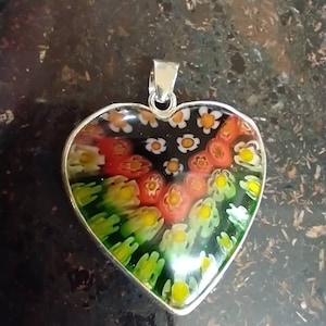 Vintage Sterling Silver 925 Murano Millefiori Glass Pendant Heart