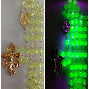 Catholic Rosary European Uranium Glass Vaseline Beads Gold Plated NOS Pardon Indulgence Miraculous Medal