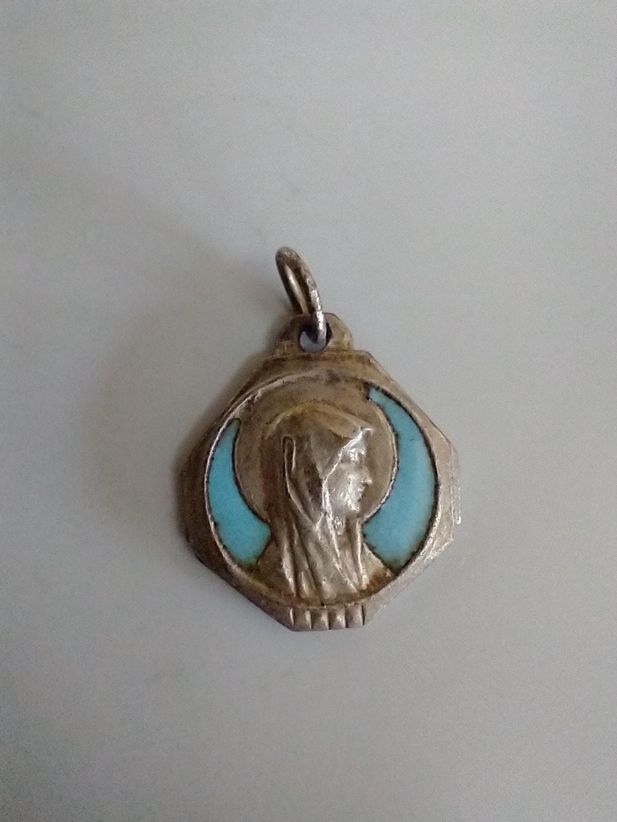 Vintage Catholic Turquoise Blue Enamel Our Lady of Lourdes Small Medal ...