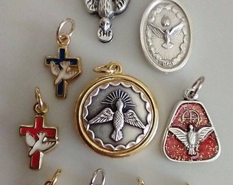 Catholic Medal Lot Dove Holy Spirit Silver Tone Gold Tone Red Blue Enamel Medals