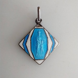 Vintage Catholic Blue White Enamel Religious Medal