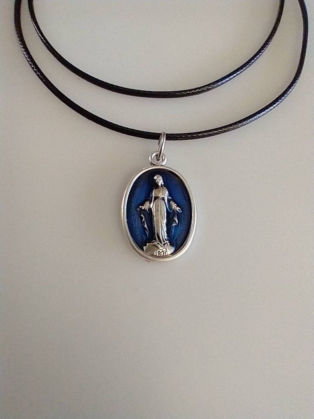 Catholic Blue Enamel Miraculous Medal With Waxed Fiber Necklace - Etsy