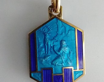 Vintage Catholic Blue Enamel St Hubert Religious Medal Art Deco Gold Tone Blue Guilloche Lines Hallmarked Bale
