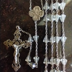 Vintage Catholic Rosary Sterling Silver Marked Cfx&Ctr Clear Glass Teardrop Beads Unique 4 Way Center