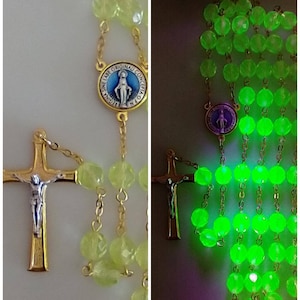 Catholic Rosary European Uranium Glass Vaseline Beads Blue Enamel Miraculous Medal Gold Plated NOS