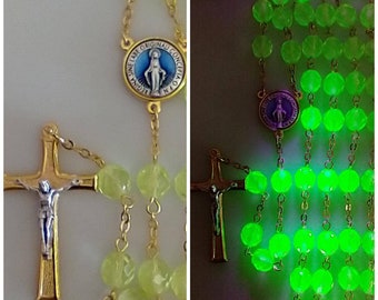 Multi Color Czech Glass Glow in the Dark Rosary - Blue, Topaz & Green Glow  in The Dark Glass Beads-Medjugorje Earth Center-Luminous Crucifix