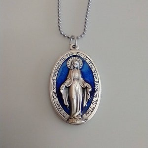 Catholic Blue Enamel XL 1.75&quot;  Miraculous Medal with Chain Necklace