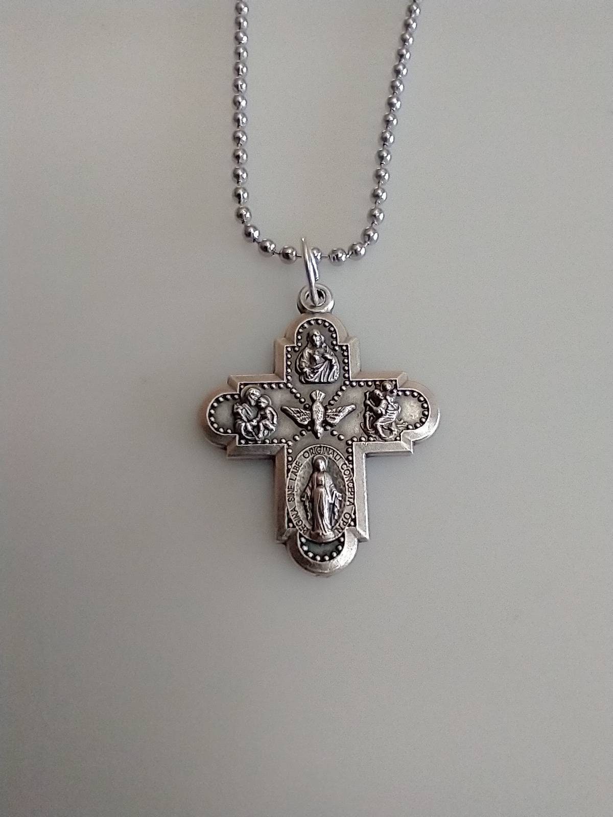 Catholic 5 Way Protection Cross Silver Tone Medal with Chain Necklace