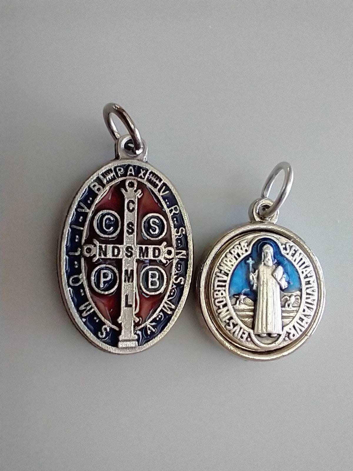 Catholic Medal Lot St Benedict Silver Tone Red Blue Enamel Medals