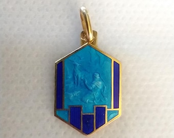 Vintage Catholic Blue Enamel St Hubert Religious Medal Gold Tone