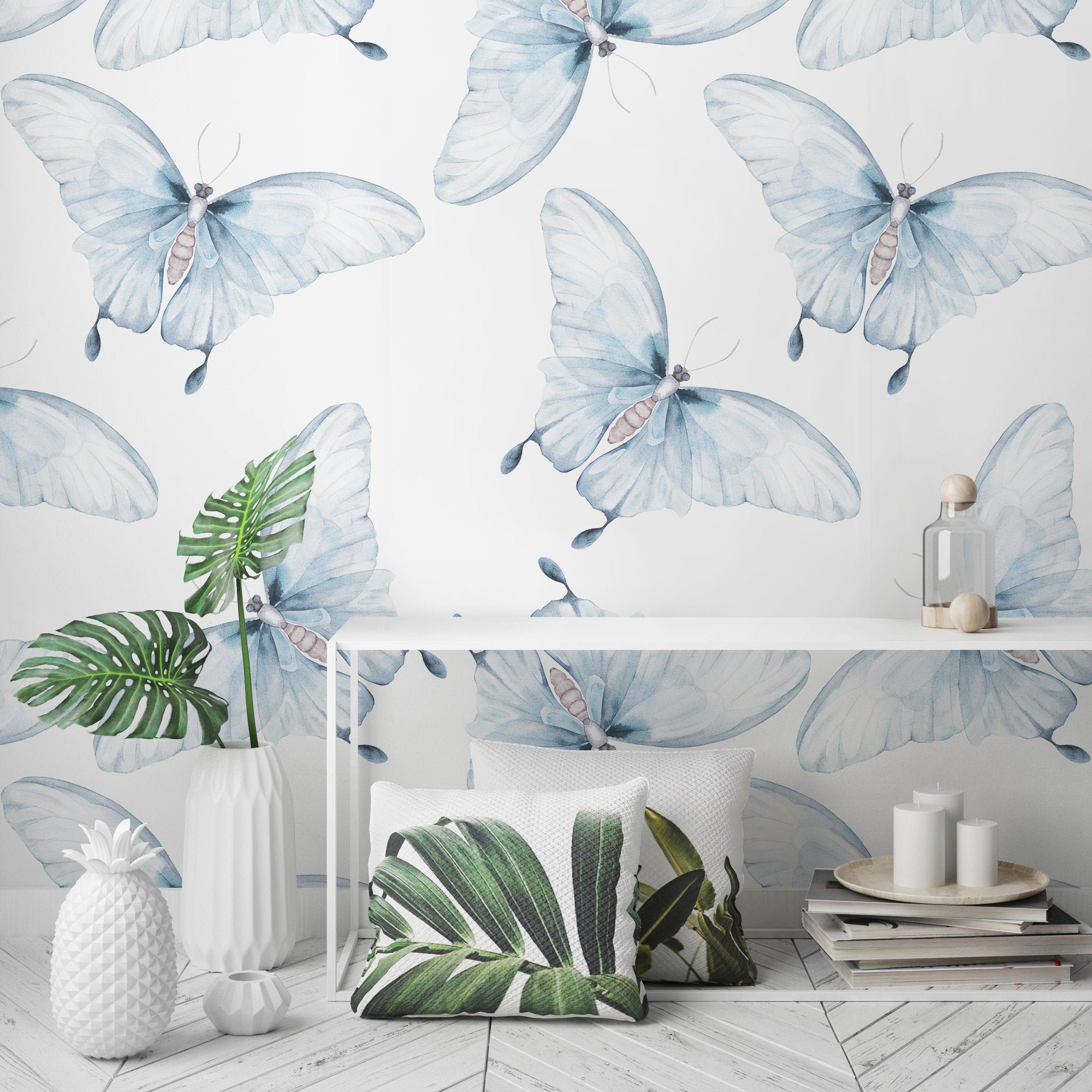 Butterfly Wallpaper Light Blue Peel and Stick Wallpaper | Etsy