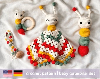 Häkelanleitung Raupe Baby Set | Rassel Schnuffeltuch Greifling Schnullerkette | Spielzeug für Kinder | PDF Anleitung Deutsch, Englisch