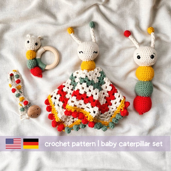 Ensemble bébé chenille motif au crochet | Hochet douillette agrippant chaîne de tétine jouet | jouets pour enfants | Instructions PDF allemand, anglais