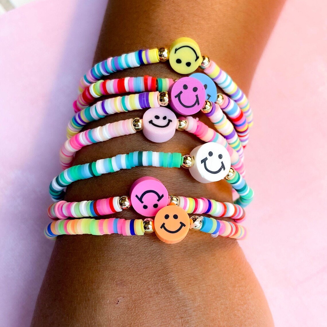 Pack of 7 Clay Bracelets Happy Face Kids & Adults Bracelets Etsy México