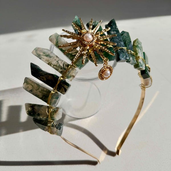 Triniti - Moss Agate Crystal Crown – Green Gemstone Bridal Tiara, Festival Headpiece & Wedding Hair Accessory