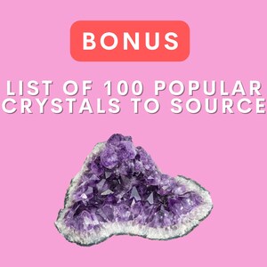 May include: A large amethyst crystal cluster with a purple and white color scheme. The crystal is a popular choice for sourcing and is featured in a list of 100 popular crystals to source. BONUS is written in red on a white rectangle.