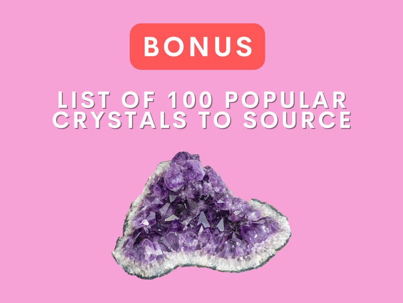 May include: A large amethyst crystal cluster with a purple and white color scheme. The crystal is a popular choice for sourcing and is featured in a list of 100 popular crystals to source. BONUS is written in red on a white rectangle.