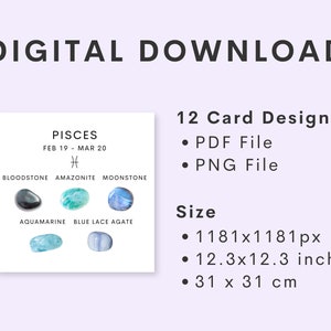Zodiac Gemstones Cards| Printable Digital Downloads Crystal Cards PNG ...