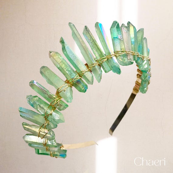 Emerald green quartz crystal crown Light Green Crystal Crown, Light Lime Green Crystal Tiara  main image 3