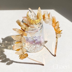 Phi | Citrine Crystal Crown with Golden Moon, Gold Crystals, Festival Tiara, Bridal Crown, Renfair, Renaissance Fair, Fairy Elf Hair