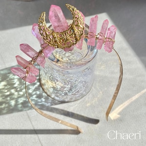 Amanda | Pink Crystal Crown with Golden Moon, Festival Crown, Bridal Crown, Wedding Tiara, Bridesmaids Headpiece