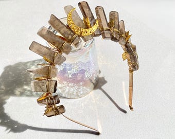 Lara | Smoky Quartz Crystal Crown With Golden Moon, Festival  display picture 3