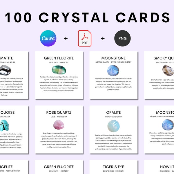 100 cartes Cristal | Téléchargements numériques instantanés Cartes de pierres précieuses pour les petites entreprises, guérisseurs Reiki, sites Web et publications sur les réseaux sociaux, carte de tarot