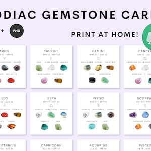 Kaarten met dierenriem edelstenen| Afdrukbare digitale downloads Crystal Cards PNG PDF Website, posts op sociale media, posters, kaarten Horoscopen Sterrenbeeld