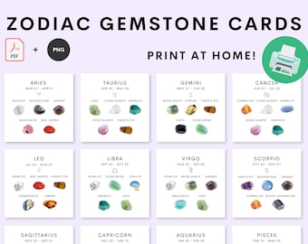 Zodiac Gemstone Cards | Printable Crystal Guide (PDF & PNG)
