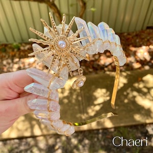 Amaterasu | Clear Crystal Quartz Crown with Golden Sun Charm, Wedding Tiara, Bridal Crown, Festival Crown, Bridesmaids, Renfaires
