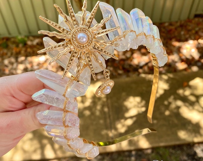 Amaterasu | Clear Crystal Quartz Crown with Golden Sun Charm, Wedding Tiara, Bridal Crown, Festival Crown, Bridesmaids, Renfaires