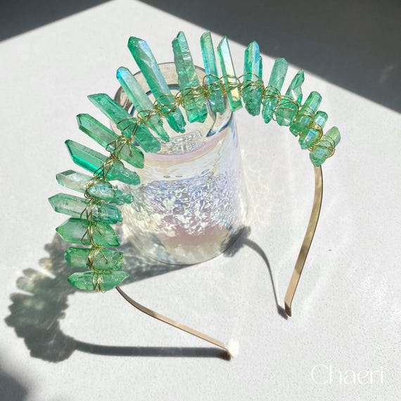 Emerald green quartz crystal crown Light Green Crystal Crown, Light Lime Green Crystal Tiara  main image 2