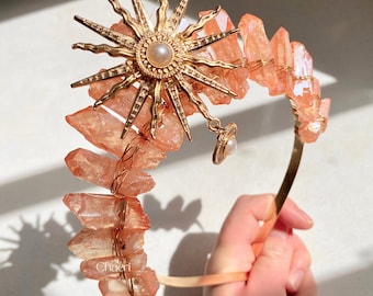 Peach Crystal Quartz Crown | Sun Pearl Renfaire Tiara - Etsy display picture 2