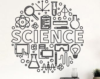 May include: A circular black wall decal featuring the word SCIENCE in large capital letters at the center. The design is surrounded by various line-art icons including an atom, magnifying glass, clipboard, test tube, ruler, flask, and lightbulb.