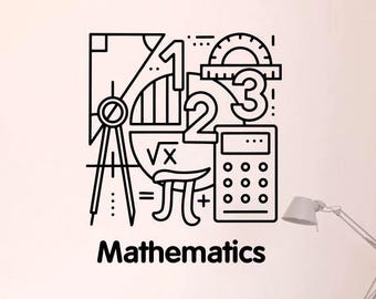 May include: A black wall decal featuring a square composition of mathematical symbols including a compass, protractor, calculator, numbers 1, 2, and 3, a square root sign, and the pi symbol, with the word Mathematics printed in black below the design.