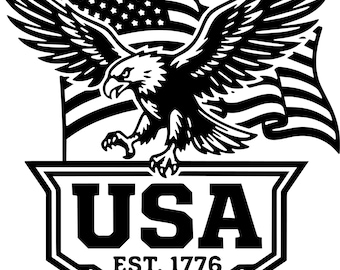 May include: A black and white graphic design featuring a bald eagle with wings spread wide in front of a waving American flag. Below the eagle is a shield-shaped emblem containing the bold text USA and the smaller text EST. 1776 at the bottom.