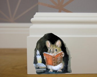 3d Mouse Reading Book in Mouse Hole (Pack of 2), Mouse Wall Sticker, Mouse Reading Decor, Book Mouse Sticker, Mouse Wall Decal