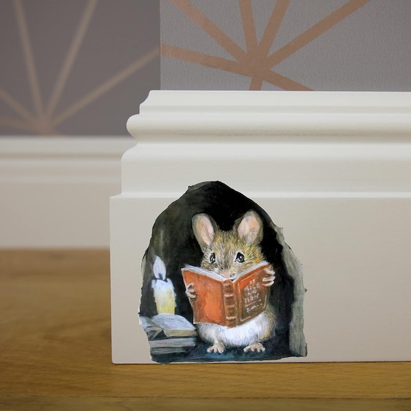 3D muis leesboek in muisgat (pak van 2), muis muur sticker, muis lees decor, boek muis sticker, muis muur sticker