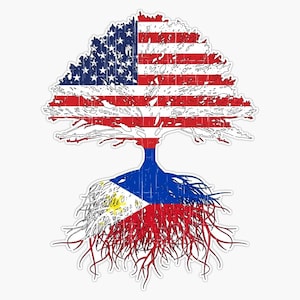 May include: A tree with the American flag as its leaves and the Philippine flag as its roots. The image is in a distressed style, giving it a vintage look.