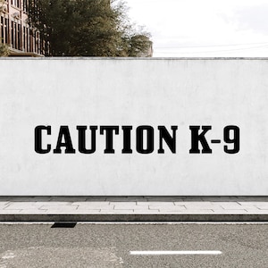May include: A white wall featuring the black text CAUTION K-9 in a bold, block-style font. The wall is positioned behind a grey concrete pavement and a dark asphalt road with white lane markings, creating a clear and high-contrast visual display.