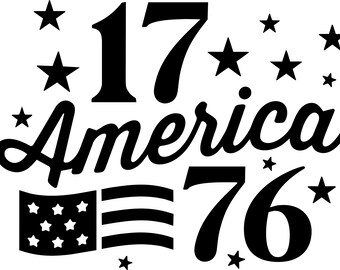 May include: A black graphic design featuring the text 17 America 76 in a bold, stylized font. The design includes a small rectangular flag icon with stars and stripes, surrounded by multiple five-pointed stars of varying sizes on a white background.