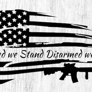 Op de afbeelding: Een zwart-wit ontwerp van een Amerikaanse vlag met een geweer en de tekst "United we Stand Disarmed we Fall".