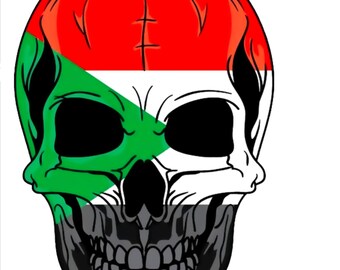 May include: A stylized skull design featuring the colors of the Sudanese flag: red, white, green, and black. The top of the skull is red, the middle is white, and the left side is green. The lower jaw is gray.