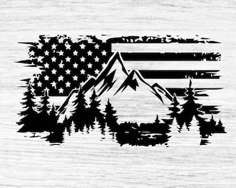 May include: Black and white silhouette design of a mountain range with trees in front of a distressed American flag.