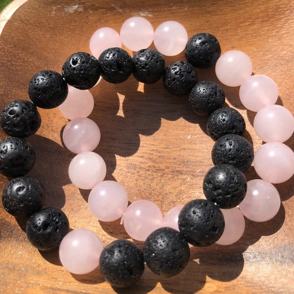 100% Rose Quartz And Lava Stone, Couples Bracelets, Matching Bracelets, Lava Stone Real Bracelets, Long Distance, Love,