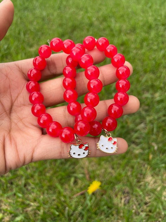 Hello Kitty Charm Bracelet, Hello Kitty Charms, Hello Kitty Jewelry, Red  Bracelets, Round Glass Bead Bracelet, Custom Bracelets 