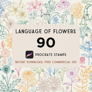 Op de afbeelding: Een digitale collectie van 90 florale lijntekeningen in diverse kleuren. De centrale tekst luidt LANGUAGE OF FLOWERS 90 PROCREATE STAMPS INSTANT DOWNLOAD, FREE COMMERCIAL USE, inclusief een Procreate-app-icoon op een lichtbeige achtergrond.