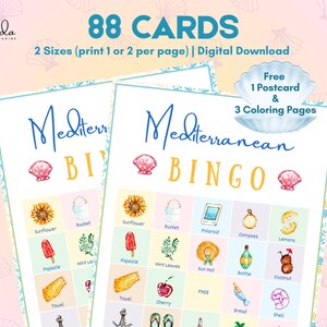 Mediterrane Sommer Bingo & Aktivitätspaket | 88 Einzigartige Karten + Ausmalbilder + Bonus Postkarte – Printable PDF | Buttergelb, zartrosa