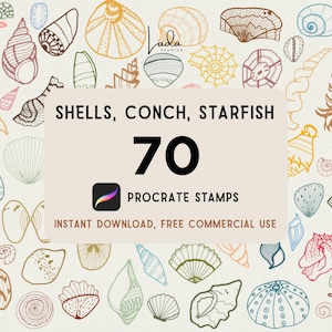 May include: A digital collection of 70 Procreate stamps featuring various line art illustrations of shells, conch, and starfish in multiple colors. The central text reads SHELLS, CONCH, STARFISH 70 PROCREATE STAMPS INSTANT DOWNLOAD, FREE COMMERCIAL USE.