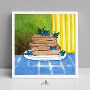 Blueberry Pancake Art Print – Vintage Breakfast Painting, Cozy Kitchen Wall Decor, Cottagecore Food Illustration, Hand Painted Digital Art